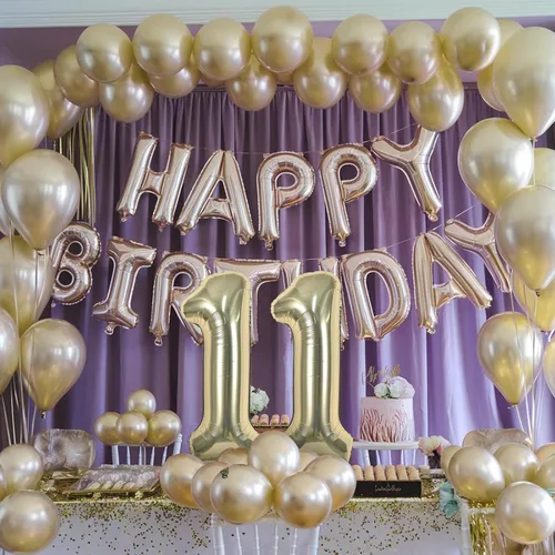 Vista 8 de Globos dorados de color champán con el número 11, globos de oro claro, globo de aluminio dorado con forma de corazón con estrella y globo largo