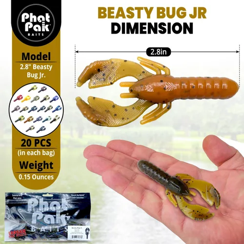 Vista 2 de Phat Pak Baits - Beasty Bug Jr Ned Rig Craw Finesse Bass Señuelo de pesca de plástico suave 20ct 2.8" Bicho Bama
