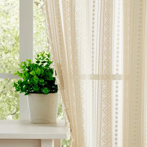 Vista 4 de Amzdecor Cortinas bohemias con borlas de encaje beige para dormitorio, sala de estar, lino texturizado elegante, patrón geométrico rústico