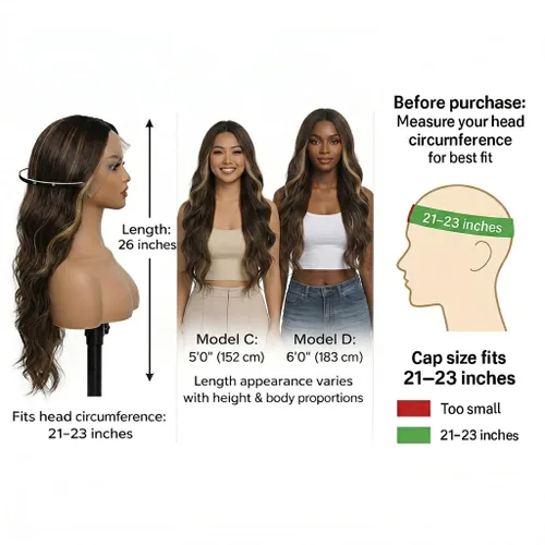 Vista 4 de Halcyon - Peluca sintética ondulada de 26 pulgadas, parte central natural, reflejos marrones 3-row hand-tied parting for realistic scalp