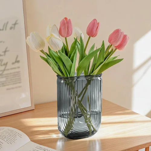Vista 9 de Jarrón de cristal transparente para flores, florero acanalado en forma de U para centros de mesa, ramo, jarrones de decoración del hogar de 7.28