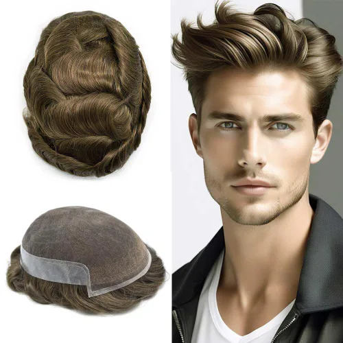 Vista 8 de Mens Toupee Remy Human Hair System For Men Bleached Knot Toupee Hair Piece For Men French Lace Toupee For Men Hairpiece 8X10#17 Dark Ash Blonde 90%