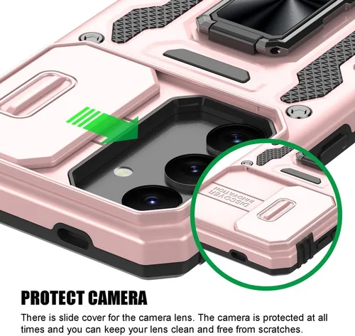 Vista 5 de Funda para Samsung Galaxy S24, a prueba de golpes, con cubierta deslizante para cámara y soporte de anillo giratorio + protector de pantalla