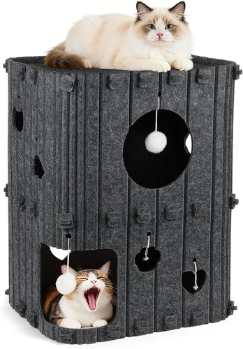 Vista 7 de Casa para gatos de interior – Cueva cerrada de 2 pisos para gatos múltiples y grandes, cubierta de fieltro para mascotas, túnel de condominio, cubo