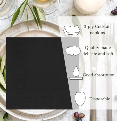 Vista 5 de Servilletas de cóctel negras de 2 capas, servilletas de bebidas, servilletas de postre, servilletas de papel desechables para bodas, fiestas