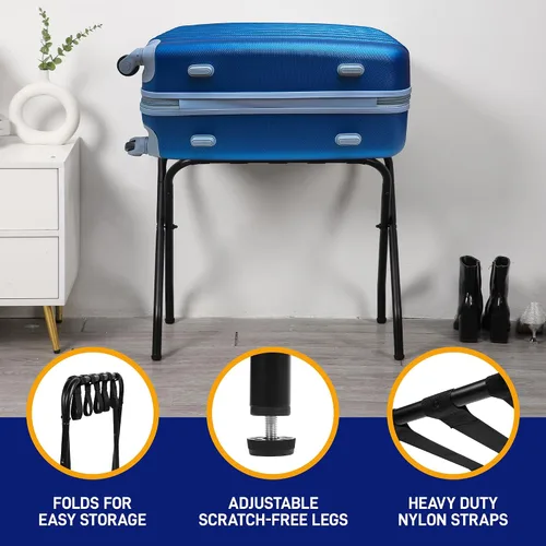 Vista 4 de Lifemaster Portaequipajes de metal – Paquete de 4 soportes plegables, fáciles de montar, ahorro de espacio y elegante marco de acero para maletas