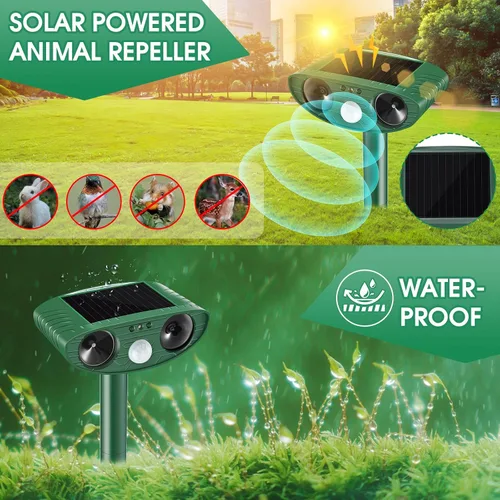 Vista 4 de Repelente de gatos para exteriores, paquete de 2 repelentes solares de animales, disuasorio ultrasónico para gatos con sensor de movimiento PIR