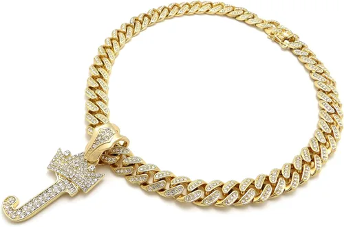 Vista 5 de BLINGFACTORY Colgante de cadena cubana con inicial de alfabeto de Hip Hop y 0.472in de 18 pulgadas con cerradura completa de caja de hielo