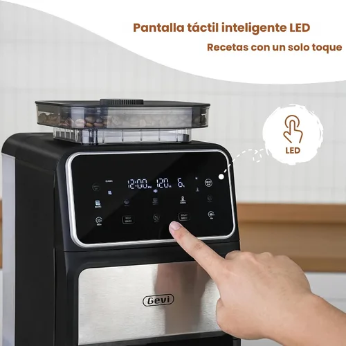 Vista 3 de Gevi Cafetera de goteo de 10 tazas con molinillo integrado, máquina de café combinada de moler y preparar rebabas con pantalla táctil, programable