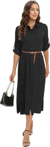 Vista 7 de Vestido elegante casual con botones y manga enrollada, maxi vestido largo con abertura y cinturón para mujer