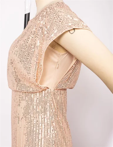 Vista 5 de JASAMBAC Vestido de lentejuelas para mujer, cuello redondo, manga corta, con purpurina brillante, con abertura, cintura elástica, vestido de cóctel