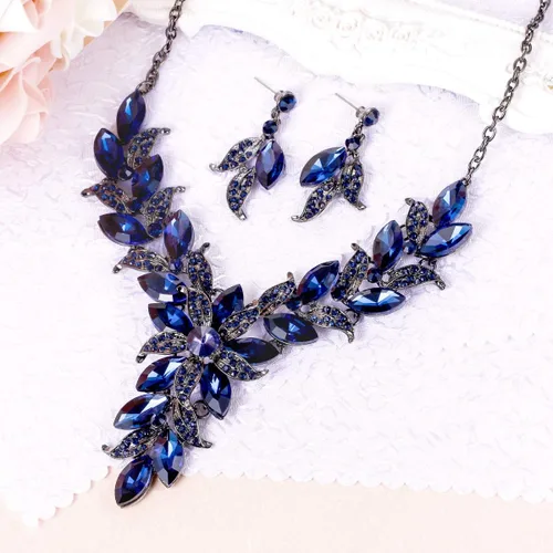 Vista 3 de BriLove Juego de collar y pendientes colgantes de cristal con forma de marquesa para mujer, diseño de hojas