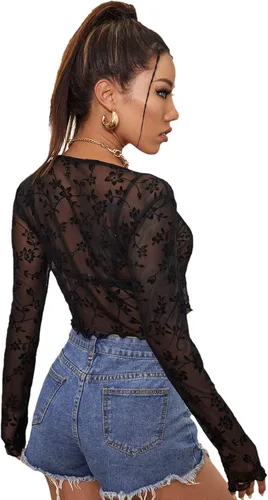 Vista 2 de Floerns Top corto de malla transparente de manga larga con frente abierto para mujer, sin brasier