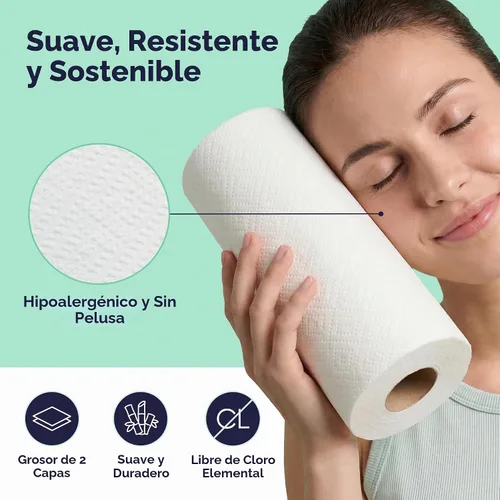 Vista 3 de Save Trees Paquete de 6 toallas de papel de bambú, 750 hojas, ultra absorbentes y duraderas, ecológicas, con certificación FSC, totalmente libres