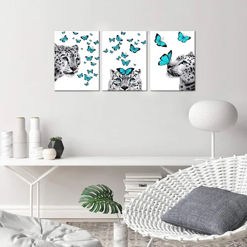 Vista 4 de Kalormore - Lienzo abstracto para pared, diseño de leopardo blanco y negro con mariposas