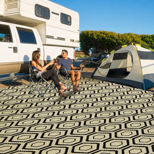 Vista 13 de fifame Alfombra de exterior de 9 x 12, alfombra de patio tejida de plástico gris & blanco