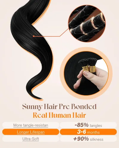 Vista 4 de Sunny I Tip - Extensiones de cabello humano con punta en I 80S, extensiones de cabello humano negro azabache, extensiones de cabello humano