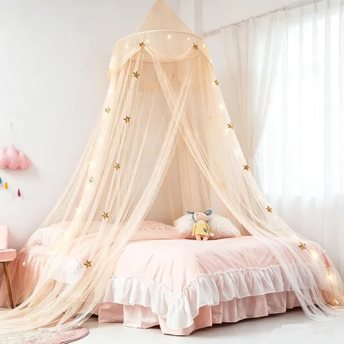 Vista 13 de Dosel de Cama para Niñas con Luces de Estrellas, Cortinas de Dosel de Cama de Princesa con Mosquitero de Estrella Dorada para Decoración de Rosa