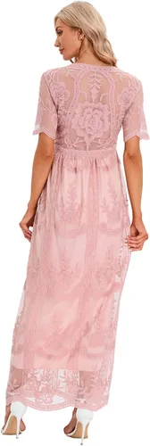 Vista 6 de ZIUMUDY Vestido de novia de maternidad con cuello en V y encaje floral de manga corta para sesión de fotos, baby shower