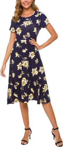 Vista 8 de Urban CoCo Vestido de manga corta para mujer, acampanado, con estampado floral, longitud por debajo de las rodillas # 1