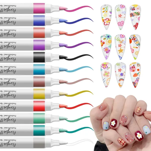 Vista 18 de IONSGAKO Juego de bolígrafos de arte de uñas de 12 colores, bolígrafos de esmalte de uñas, bolígrafo de dibujo de arte de uñas, secado rápido