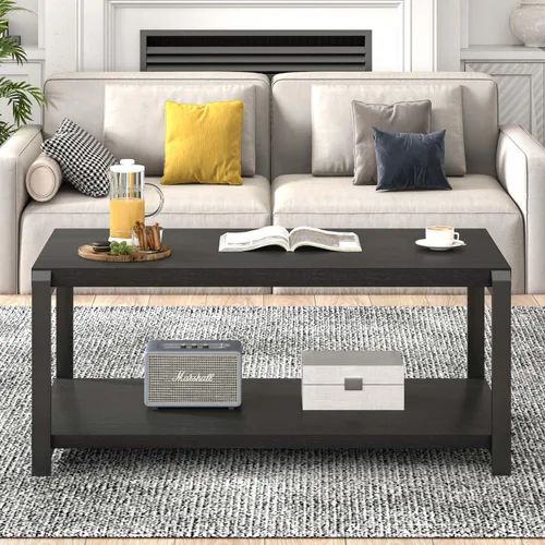 Vista 7 de EXCEFUR Mesa de café negra, mesa central moderna de madera rústica para sala de estar, mesa de té industrial rectangular de cóctel con estante