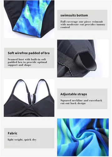 Vista 4 de Aleumdr Traje de baño de una pieza con estampado de bloques de color a rayas para mujer, UPF 50+, traje de baño deportivo de entrenamiento deportivo