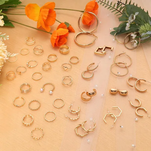 Vista 7 de Heliltd Juego de 46 joyas para mujer, pulseras ajustables, apilables, anillos para nudillos, collar en capas, aretes de aro de una sola capa