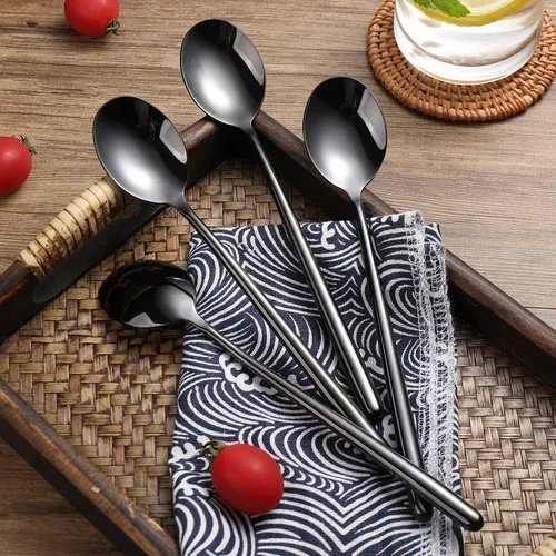 Vista 6 de Ouliget Cuchara de sopa negra de acero, cucharas grandes circulares de mango largo, cuchara de sopa coreana de mango largo, 8 piezas, 8.7 x 1.6