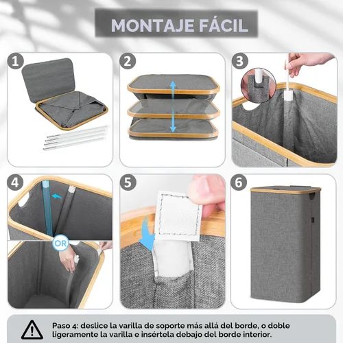 Vista 5 de BALEINE Cesta de lavandería con tapa, cestas de lavandería altas con tiradores de bambú, gran cubo de lavandería con soporte interno