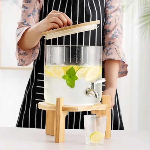 Vista 2 de Dispensador de bebidas de vidrio con soporte, dispensador de bebidas de vidrio de 1.5 galones, dispensador de bebidas con soporte de madera, grifo