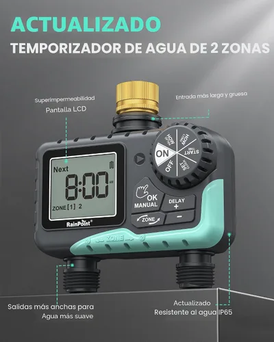 Vista 2 de RAINPOINT Temporizador de aspersor de 2 salidas, temporizador de agua para manguera de jardín, para riego de patio al aire libre, controlador