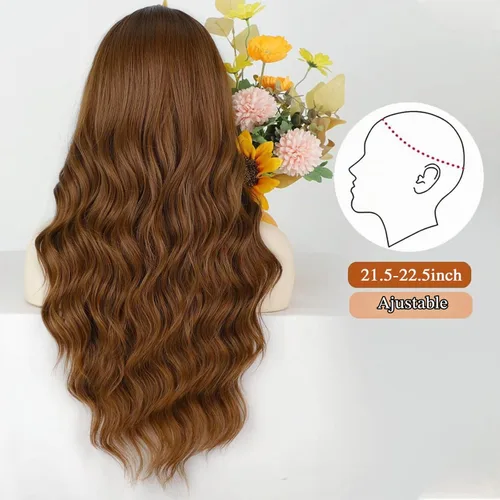 Vista 5 de Lativ Peluca castaña con flequillo para mujer, larga, ondulada, sintética