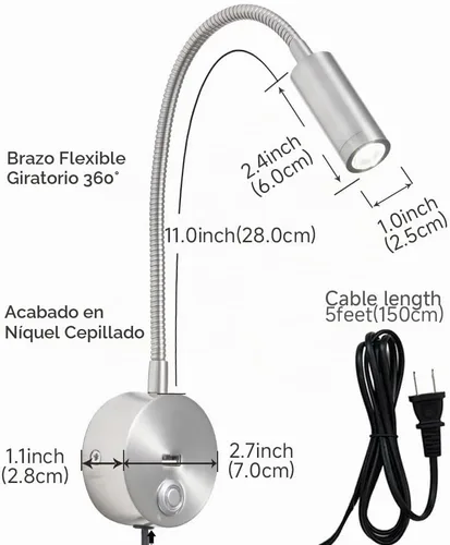 Vista 6 de Luz de lectura regulable montada en la pared con puerto de carga USB, luz de lectura LED enchufable, lámparas de pared con cuello de cisne flexible