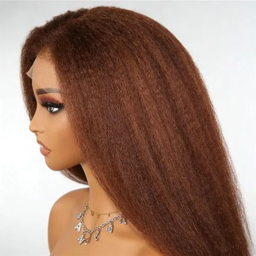 Vista 4 de Pelucas de cabello humano lacio tipo afro marrón con encaje frontal de 13 x 4, pelucas de cabello humano prearrancado con nudos invisibles, castaño
