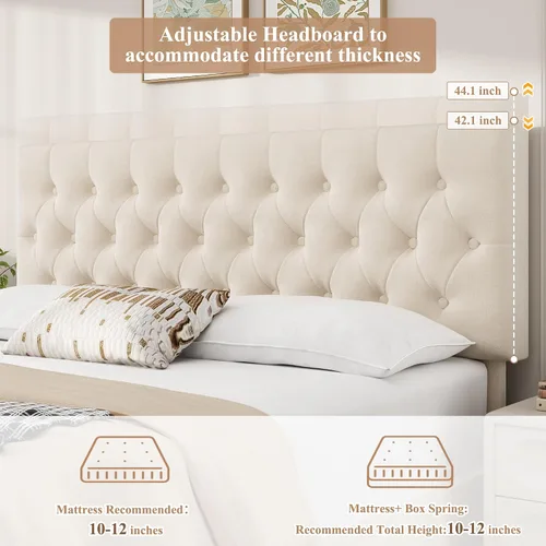 Vista 4 de Marco de cama tapizado moderno con 4 cajones de almacenamiento, diseño de cabecera con botones, soporte de listones de madera maciza, fácil montaje