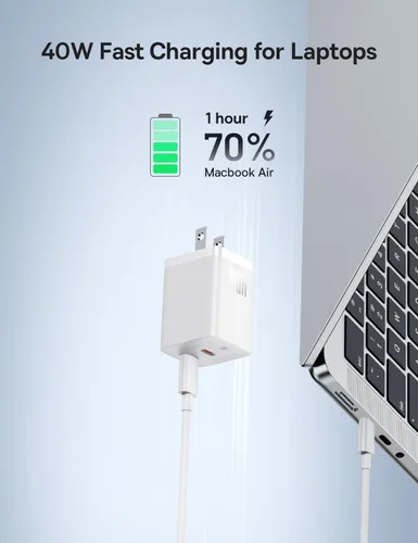 Vista 2 de Baseus Cargador USB C de 40 W, cargador de pared dual USB C, bloque de cargador rápido de 2 puertos compacto para MacBook Pro/iPhone 14/13/12/11 Pro