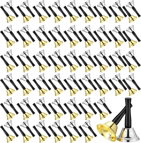 Vista 8 de Fumete 100 campanas de metal para cenar de boda, servicio de cena, llamada, campanas de acero con mango de madera para decoraciones de boda