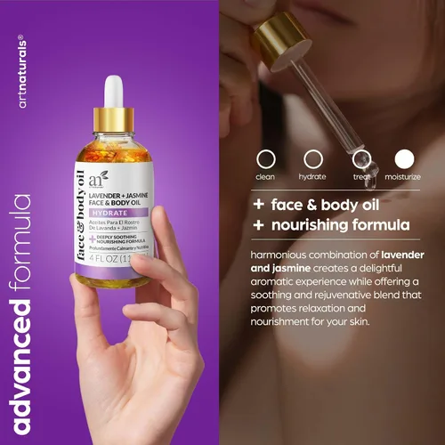 Vista 2 de Artnaturals Aceite facial orgánico de lavanda + jazmín, 4.0 onzas, para cuerpo y cabello, 100% natural, hidrata, rejuvenece y mejora tu piel, aceite