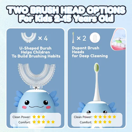 Vista 5 de Axolotl Cepillo de dientes eléctrico en forma de U para niños, cepillo de dientes automático Sonic de dibujos animados con 6 cabezales de cepillo