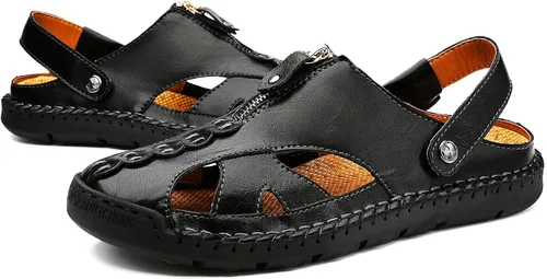 Vista 6 de JAMONWU Men's Casual Closed Toe Adjustable Leather Sandals Handmade Fisherman Beach Sandals