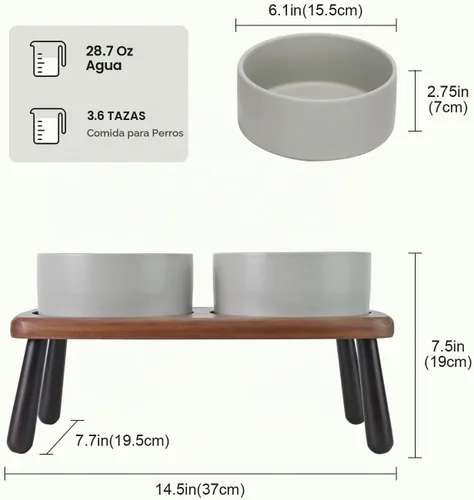 Vista 2 de SPUNKYJUNKY Cuencos elevados de cerámica para perros con soporte de bambú de acacia, juego de cuencos de agua y comida para perros y gatos de 6.1