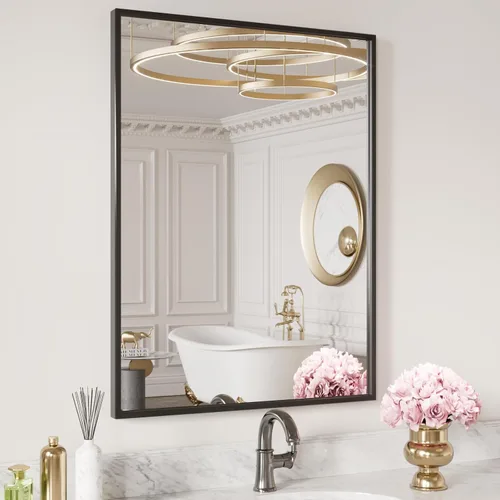 Vista 4 de LOAAO Espejo de Baño de Pared Rectangular Negro de 20"X30", Marco de Aleación de Aluminio Negro Mate, Vidrio Templado, se Cuelga Vertical u
