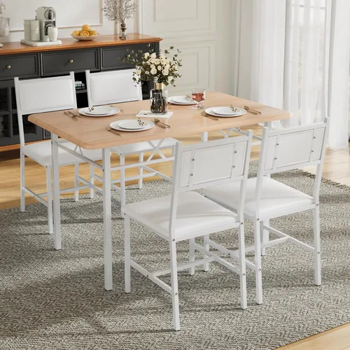 Vista 2 de VECELO Juego de mesa de comedor para 4 personas con sillas, mesa de cocina de 5 piezas y sillas acolchadas tapizadas para espacios pequeños, blanco