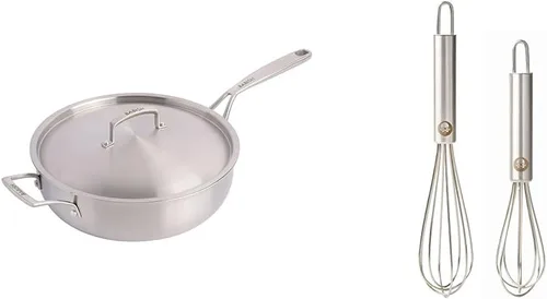 Vista 9 de Babish Sartén de acero inoxidable de tres capas de grado profesional con tapa, 5 cuartos de galón y cubiertos de acero alemán de alto carbono