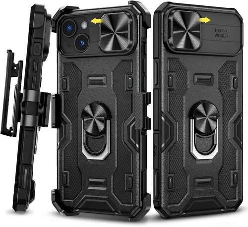 Vista 10 de Caka - Funda para iPhone 14 Plus con soporte y funda para cámara, color negro 360° Rotated Kickstand, Sliding Camera Lens Cover, Heavy Duty Hard