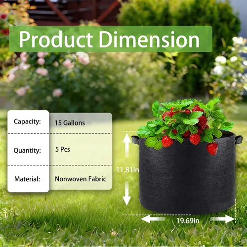 Vista 3 de iGarden Bolsas de cultivo altas, macetas de cultivo de 15 galones, paquete de 5 con asas, bolsa de tela no tejida gruesa de 11.29 oz para verduras