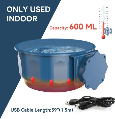 Vista 5 de Tazón de agua pequeño con calefacción para mascotas, cuenco térmico para gatos en invierno, 21.1 onzas líquidas, cuenco de agua caliente colgante