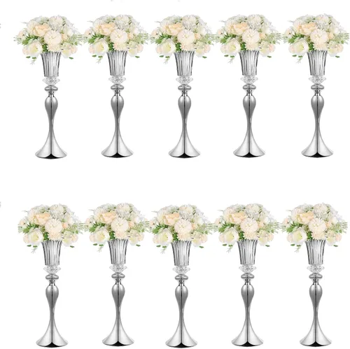 Vista 10 de Jarrones dorados de 22 pulgadas para centros de mesa, 2 jarrones de trompeta altos de metal, centros de mesa de recepción de boda, jarrón de flores