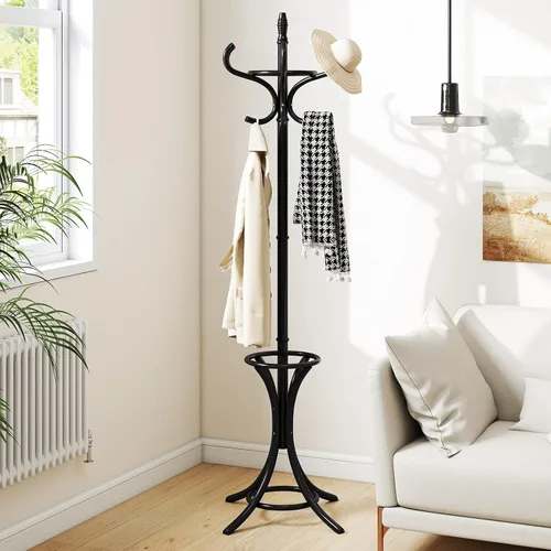 Vista 4 de Tangkula Perchero con soporte para paraguas, perchero independiente de 73 pulgadas con 12 ganchos, entrada de madera para ropa, bolsos, sombreros